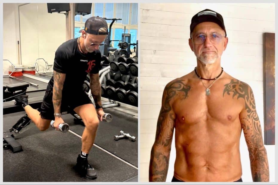 Lasse Lundberg, till vänster under ett av veckans tuffa benpass. Bilden till höger visar Lasse direkt efter målgången av 16 Weeks i juni månad. Foto: Privat